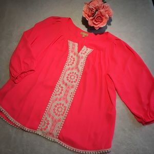 Bright coral crochet accent boutique top